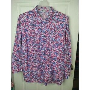 Woman Within 26/28 Shirt Collared Button Pink Blue Floral Cottage LS